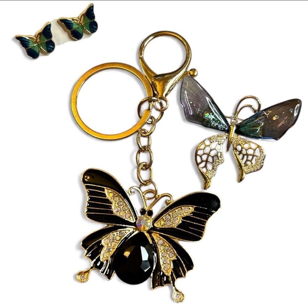 Butterfly Keychain Earrings Brooch Set Lot Bundle